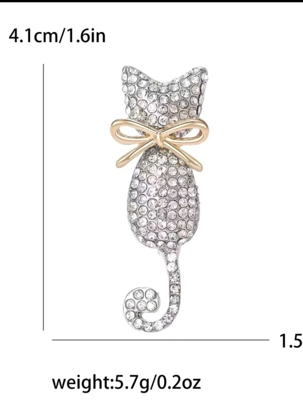 Sparkling Silver Cat Brooch with Gold Bow